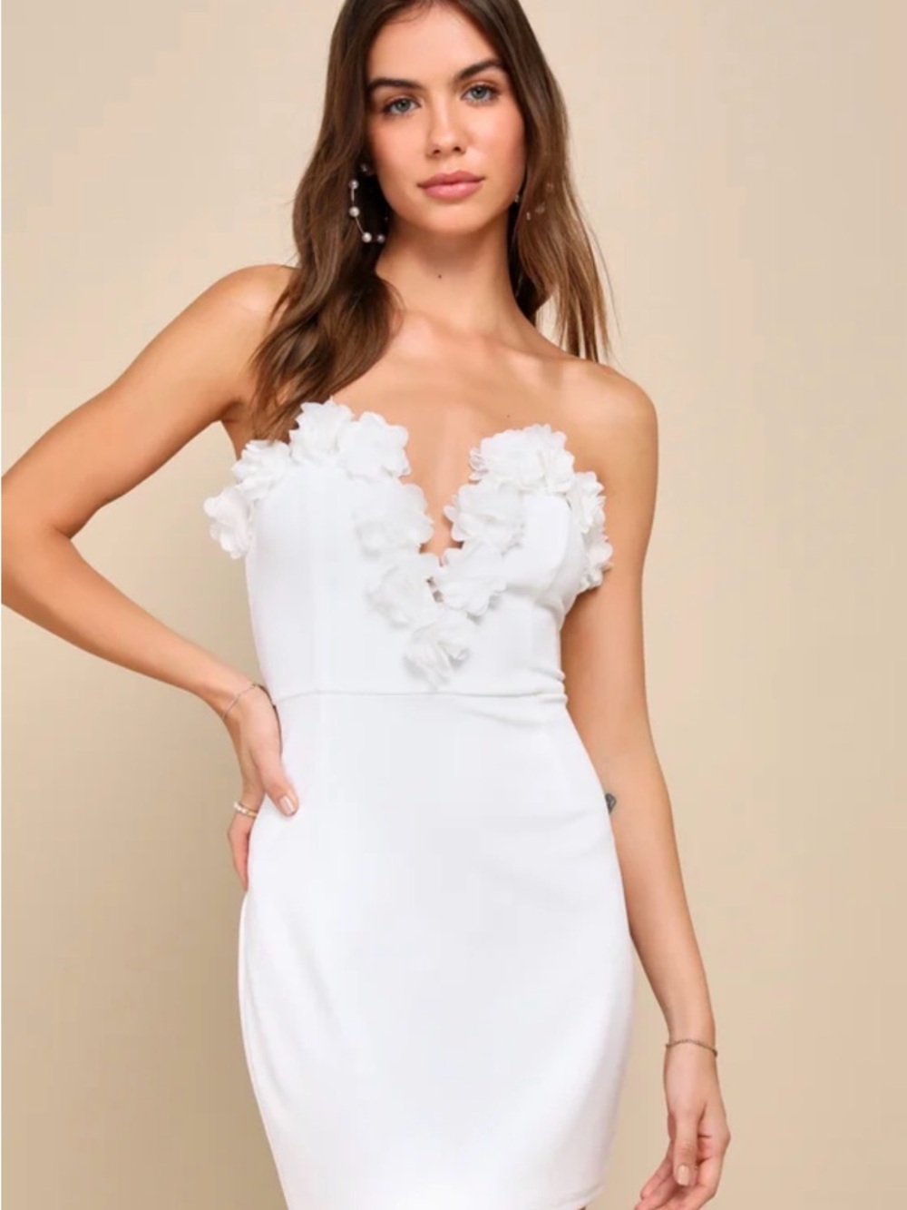 Strapless White Floral Appliqué Sheath Dress